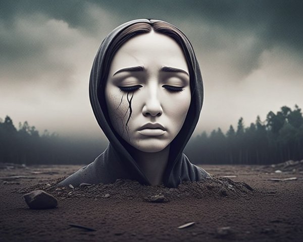 Serene Figure with Tear in Barren Landscape