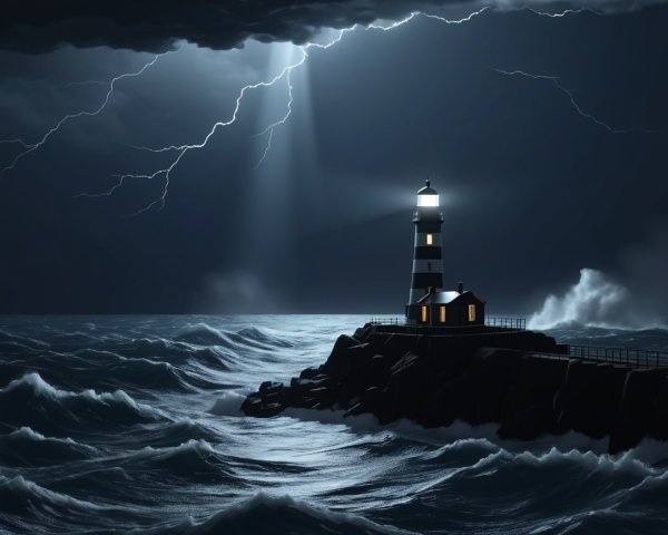 Lighthouse Amidst Stormy Night and Crashing Waves