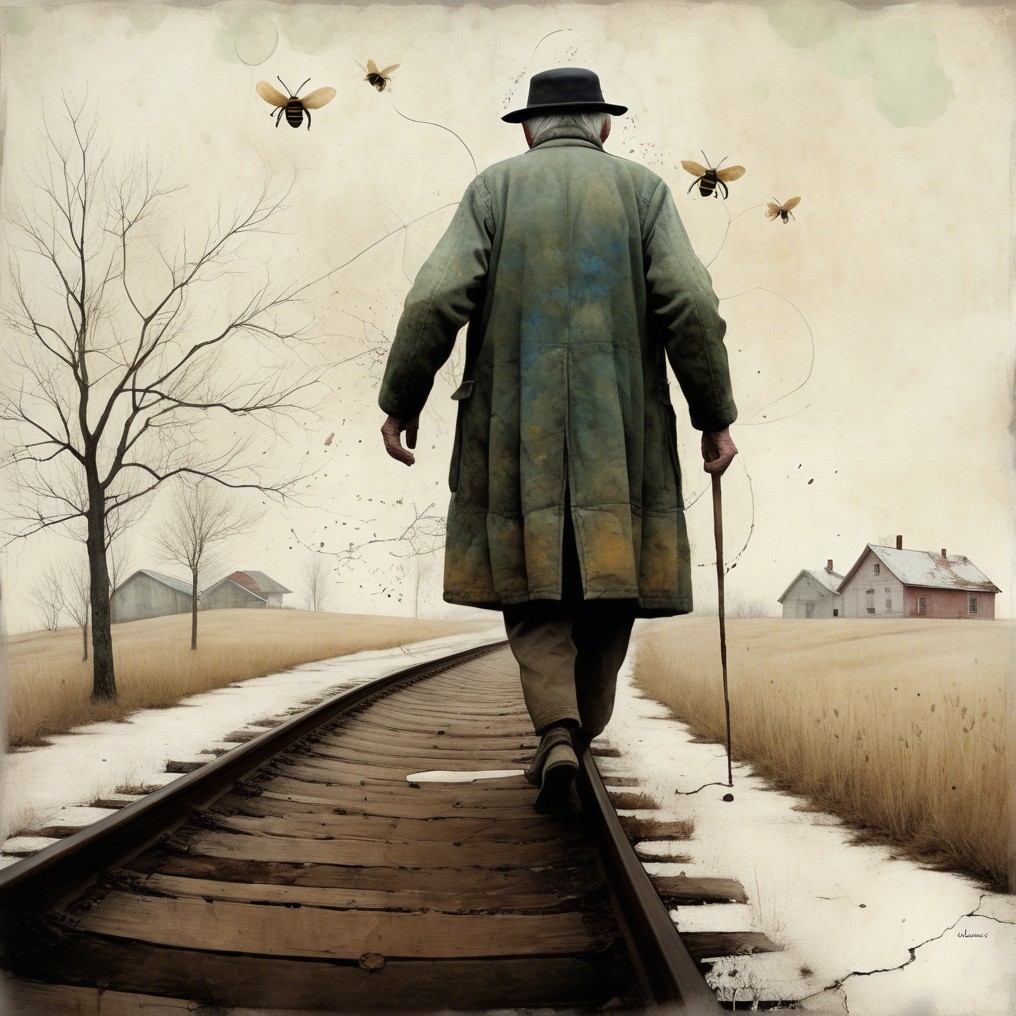 Elderly Man Walking on Railway Track in Winter Landscape