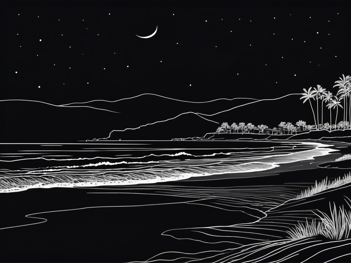 Serene Night Beach Scene with White Line Art