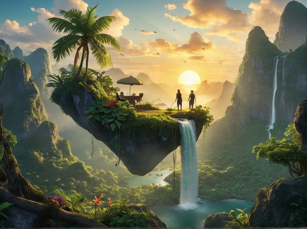 Floating Island Landscape with Waterfall and Sunset