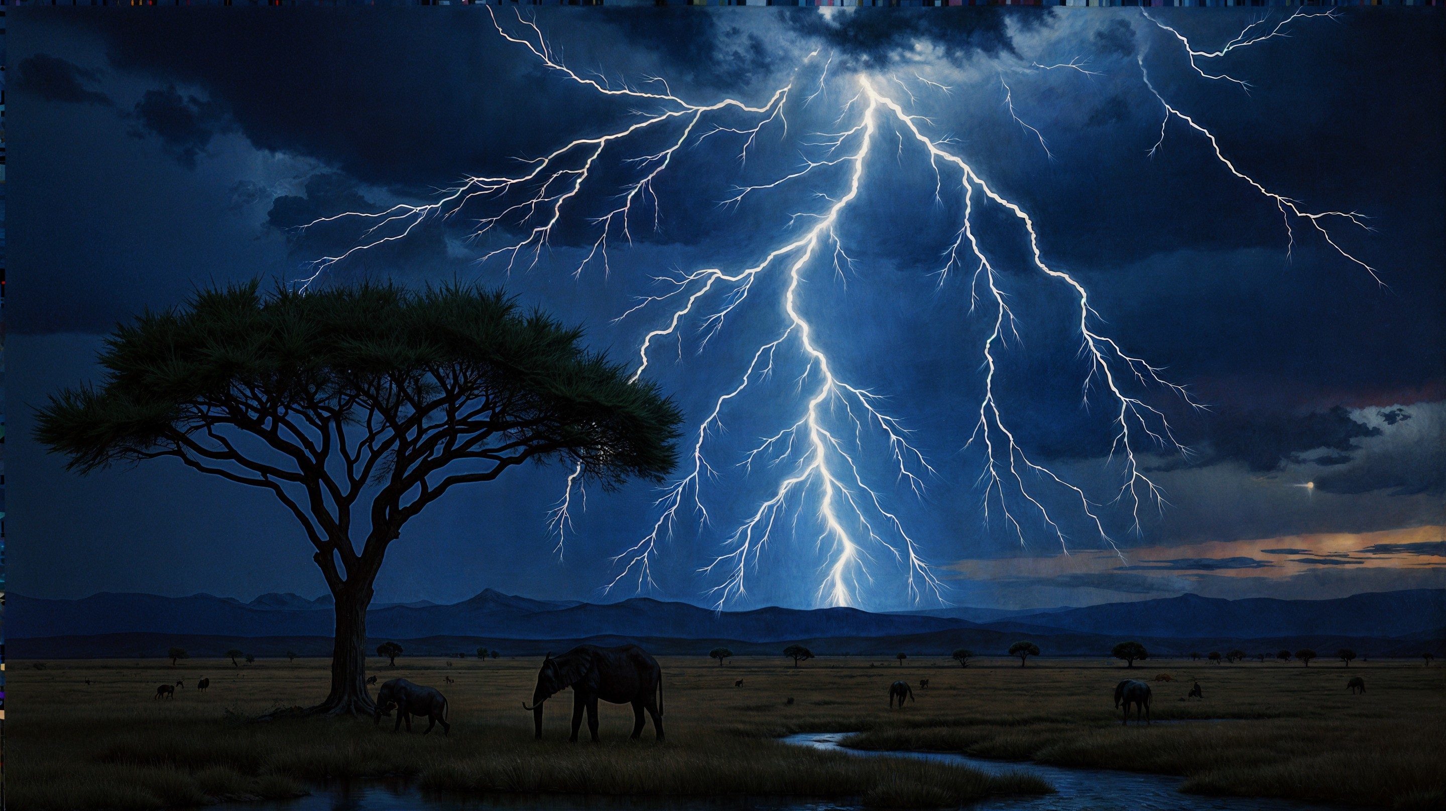 Stormy Savannah Scene with Elephants Under Lightning