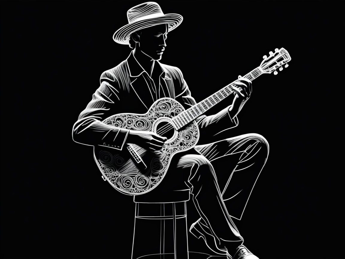 Monochromatic Silhouette of a Man with Guitar
