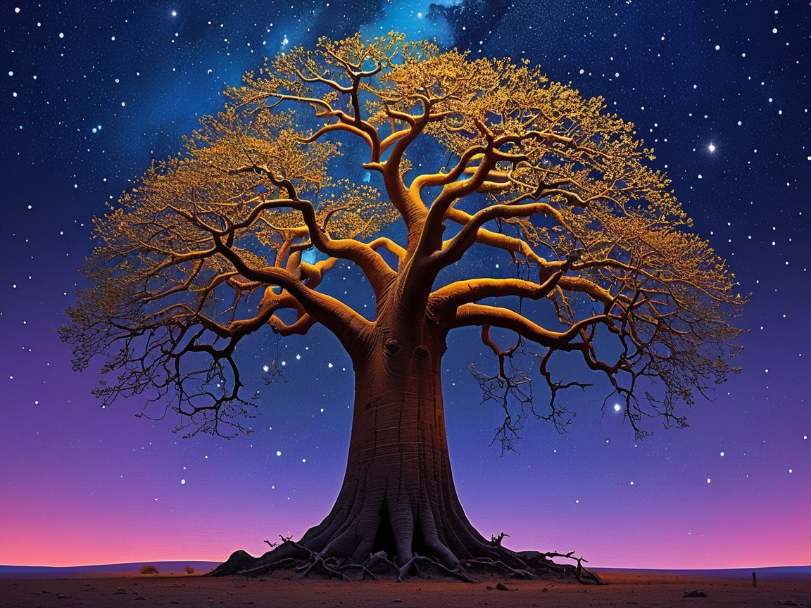 Majestic Tree Under Twilight Sky with Stars