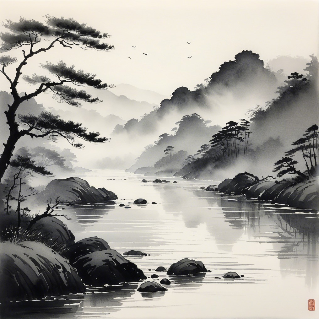 Serene River Landscape in a Misty Valley Setting