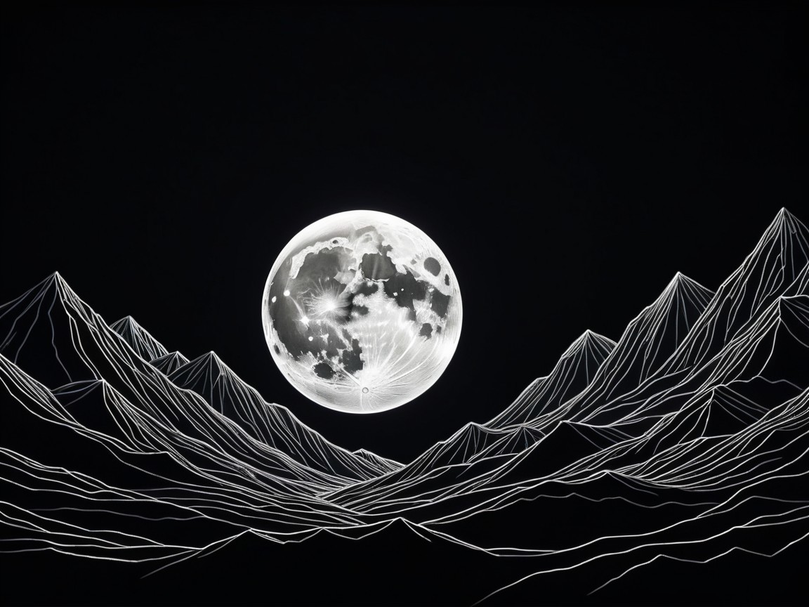 Monochromatic landscape with jagged mountains and moon