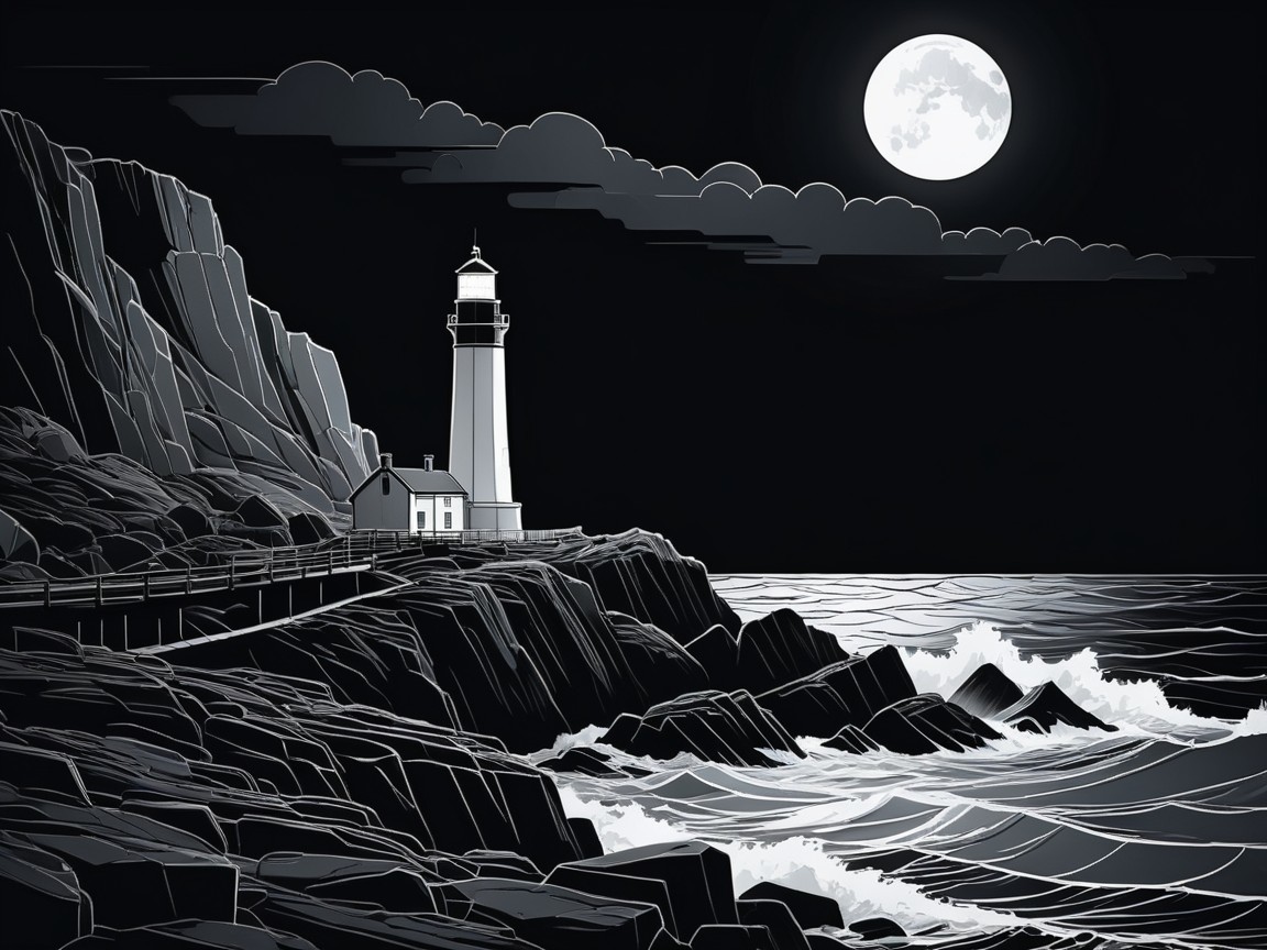 Lighthouse at Night with Ocean Waves and Moonlight