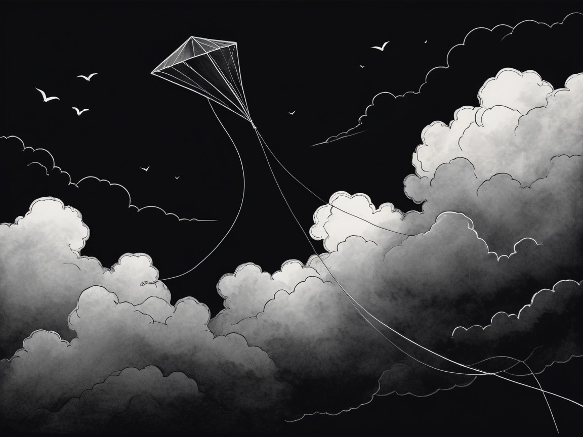 Minimalist Kite Illustration in Dramatic Cloudy Sky