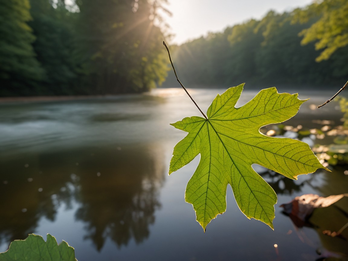 Close-up of a vibrant green leaf with blurred river backdrop