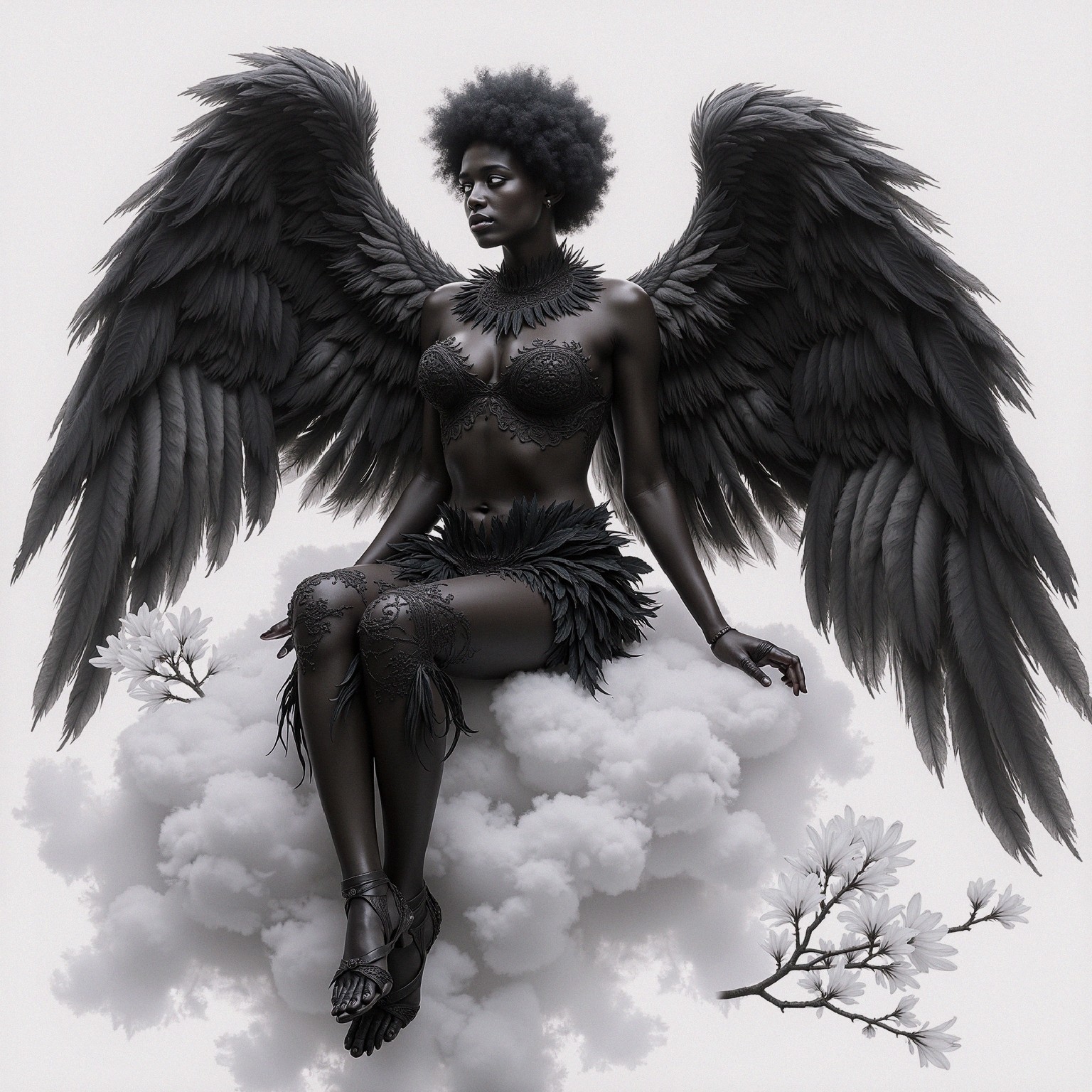Ethereal figure with dark wings on a cloud