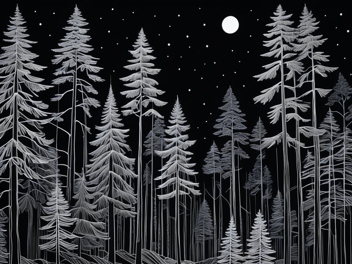 Serene Night Scene of Tall Pine Trees and Moonlight