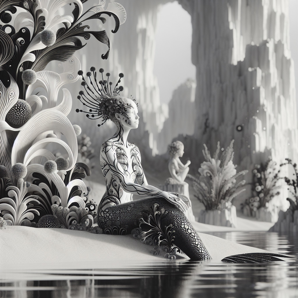 Surreal Monochromatic Landscape with Humanoid Figures