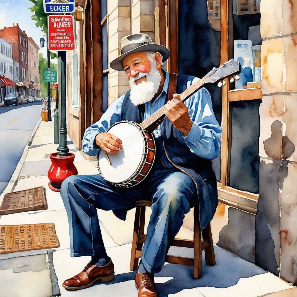 Elderly Man Playing Banjo on Street Corner Scene