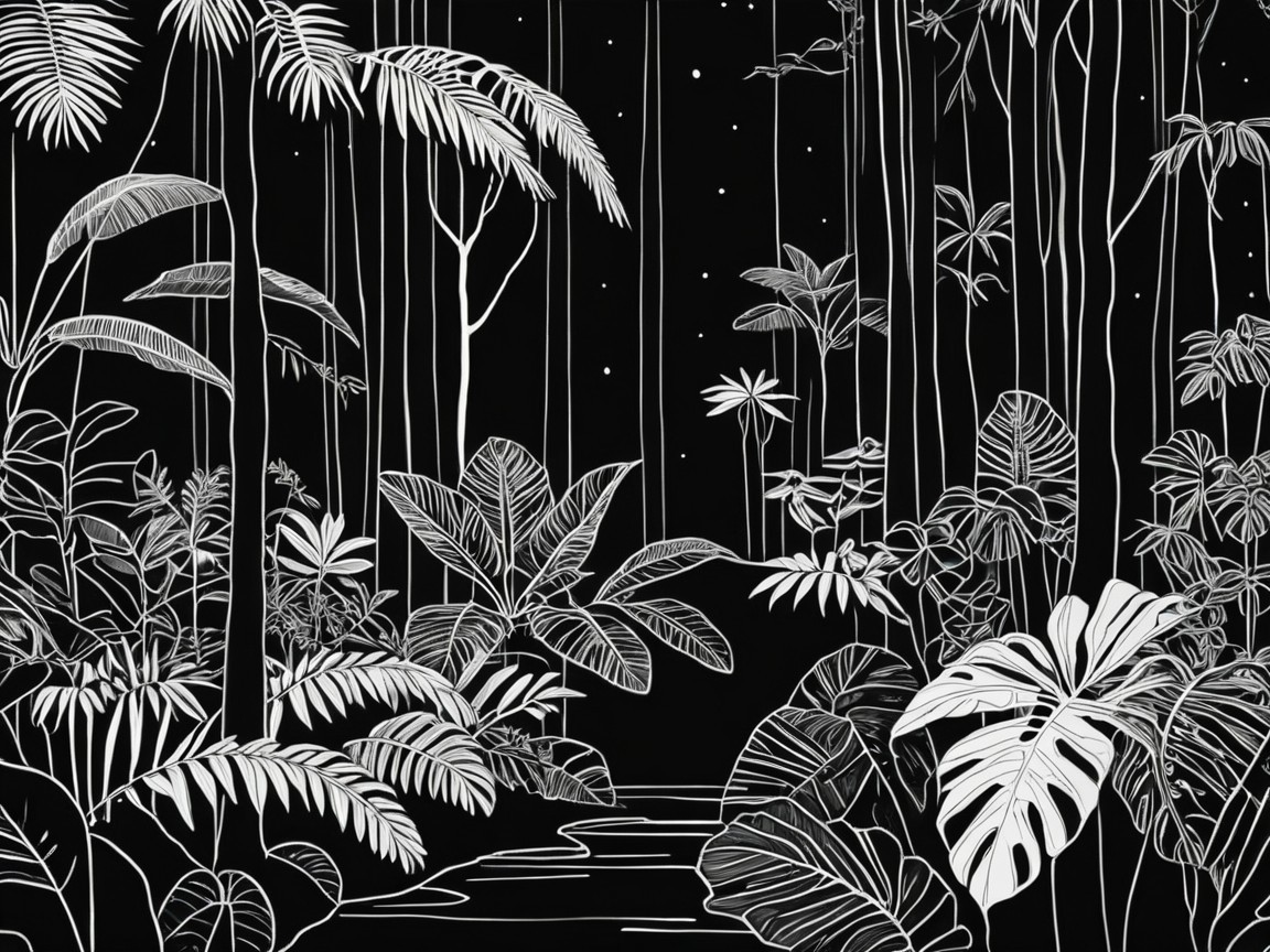 Black and White Jungle Scene Illustration at Night