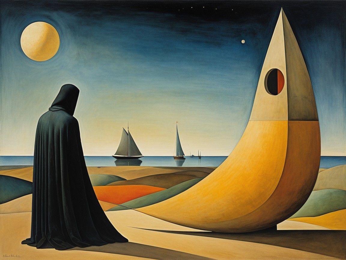 Cloaked Figure in Surreal Landscape with Sailboats