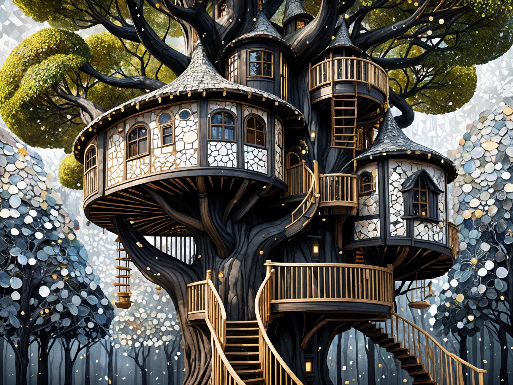 Whimsical Treehouse Among Lush Oversized Trees