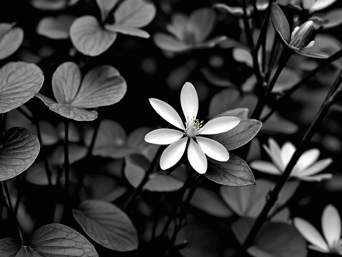 Delicate White Flower Amidst Black and White Foliage