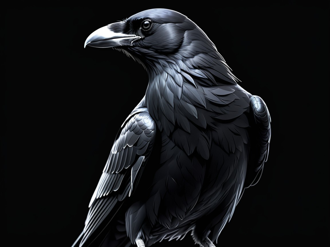 Black raven illustration with glossy feathers and details