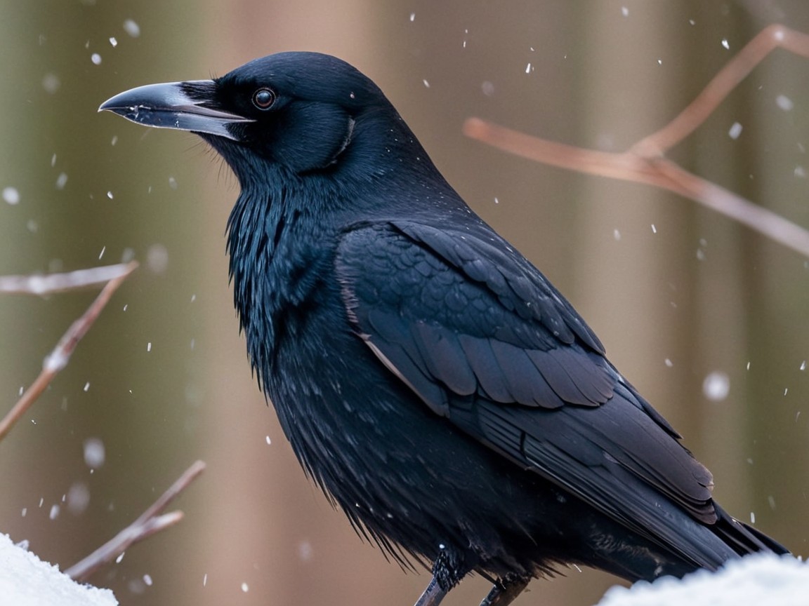 Black Raven in Snowy Winter Landscape