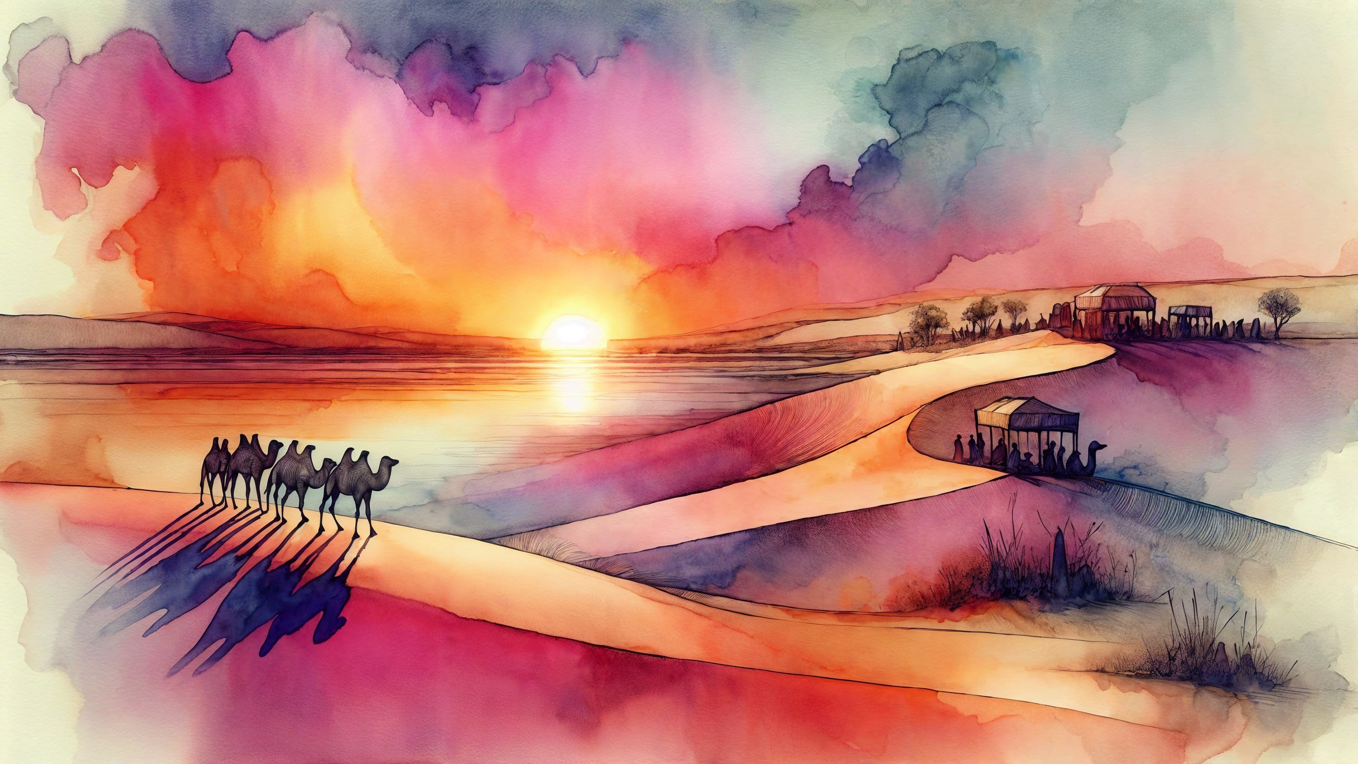 Vibrant Watercolor Sunset Over Desert Landscape