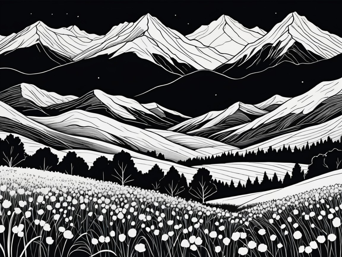 Black-and-White Landscape with Mountains and Flowers