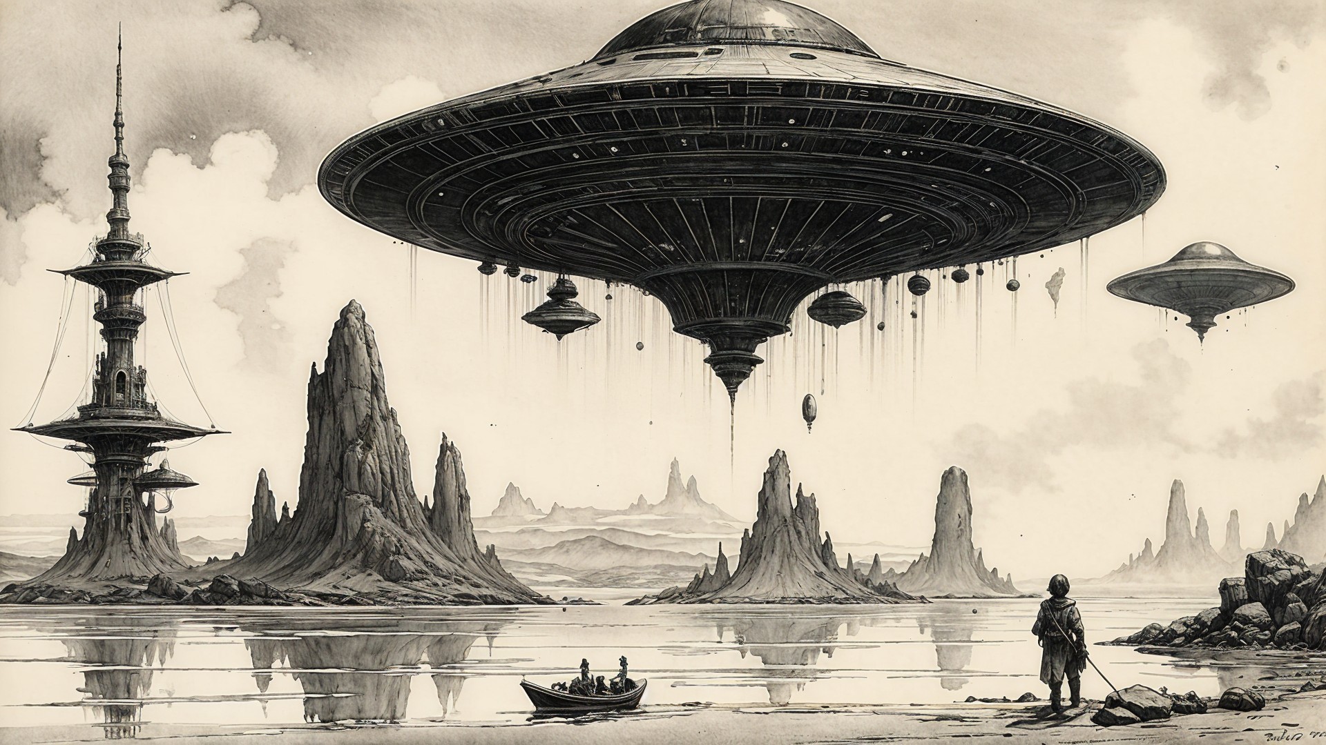 Surreal Alien Landscape with Futuristic Structures