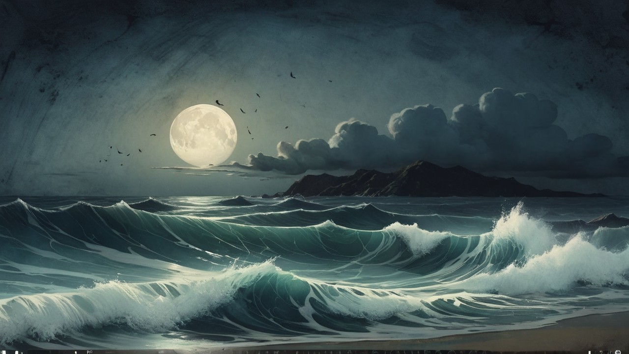 Serene Night Seascape with Moonlit Waves and Clouds