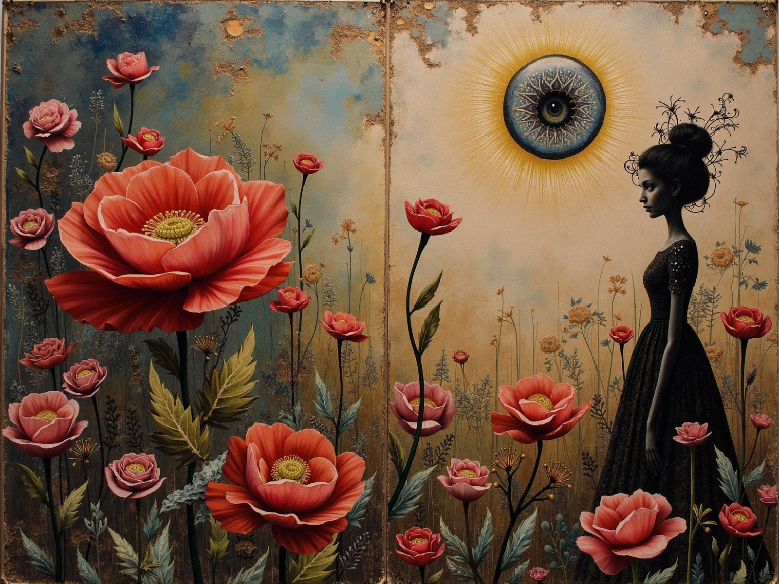 Serene Scene of Flowers and Surreal Silhouette