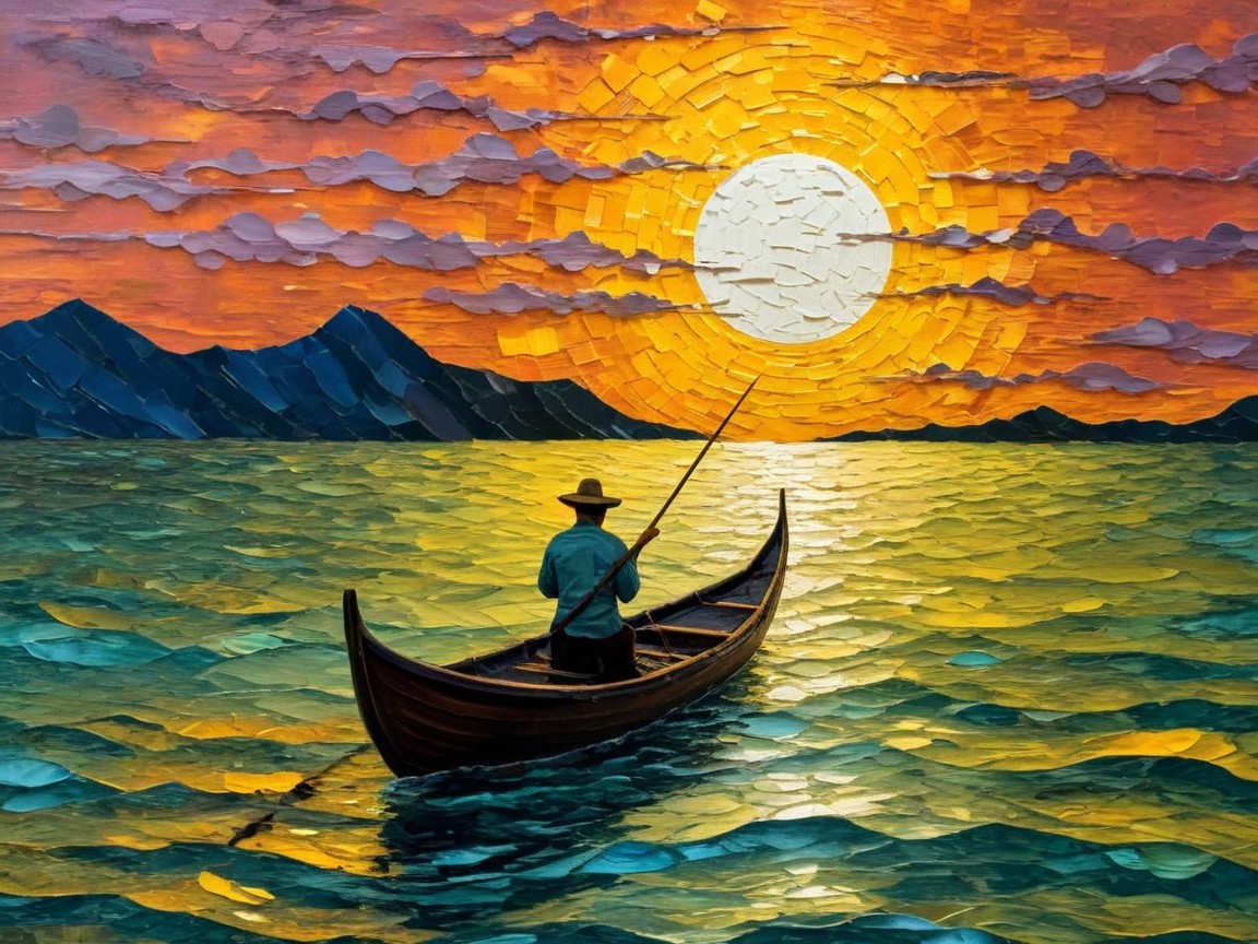 Serene Sunset Over Tranquil Sea with Fisherman