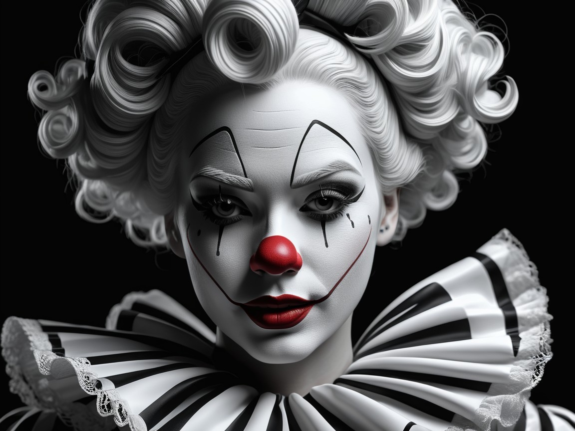 Close-up of a clown with dramatic makeup and curls