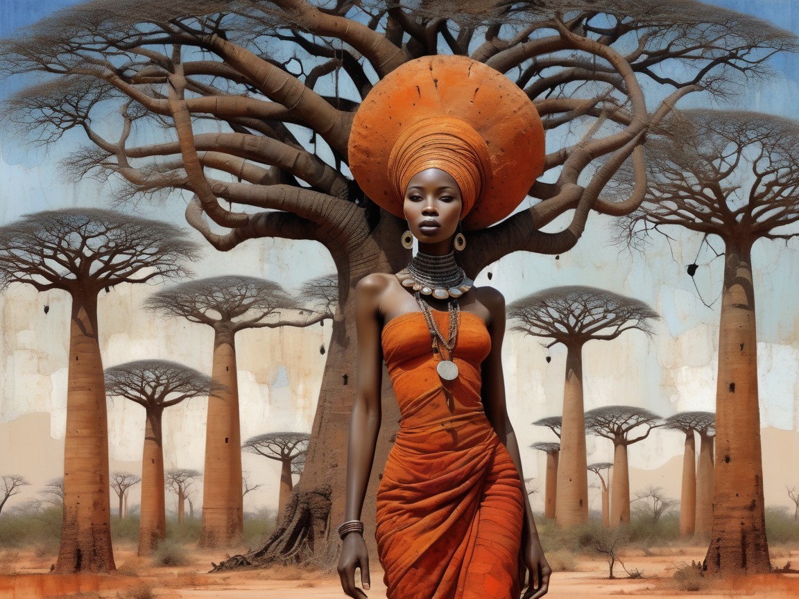 Woman in Orange Attire Amidst Baobab Trees