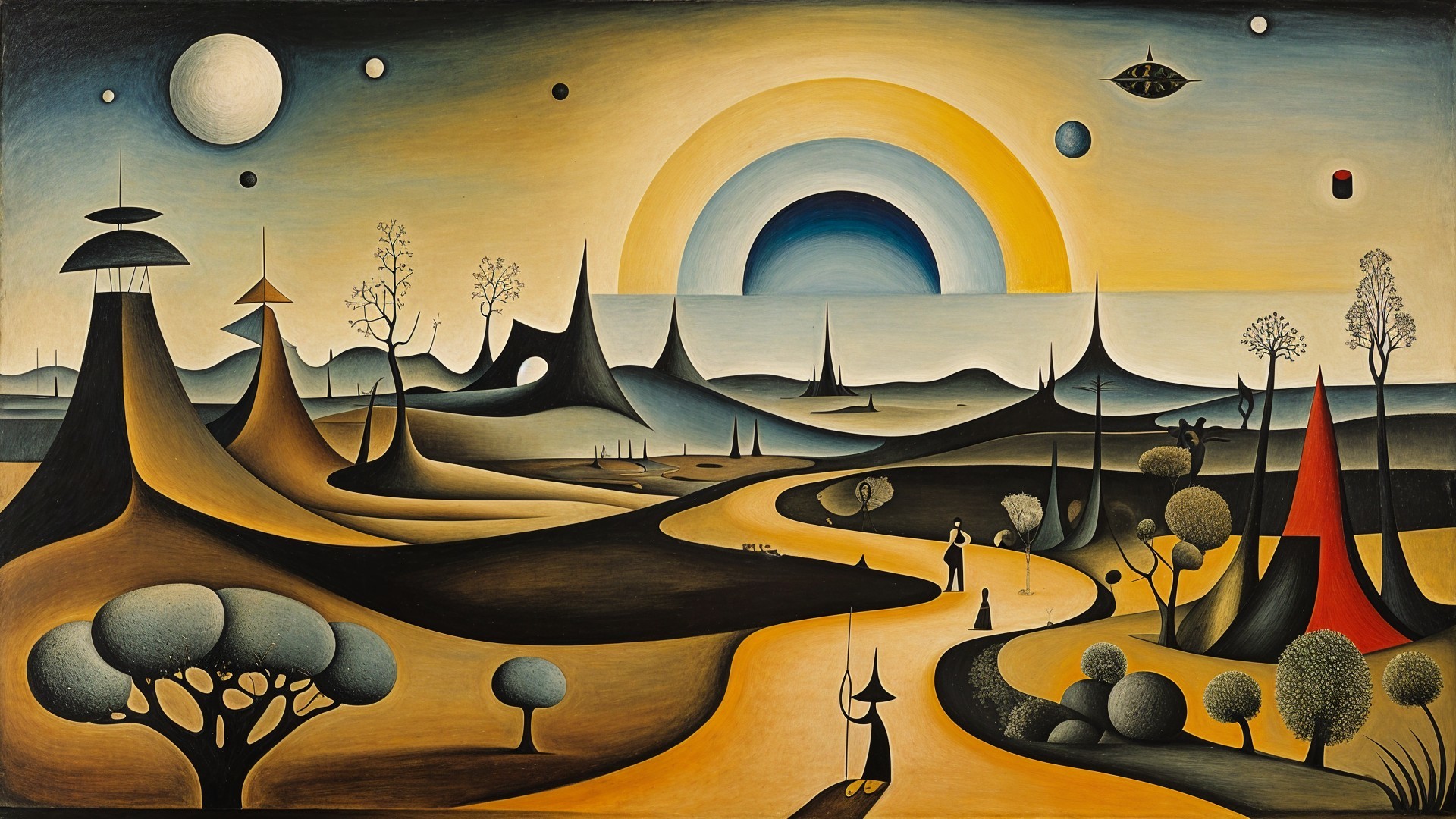 Surreal Landscape with Abstract Hills and Vibrant Sun