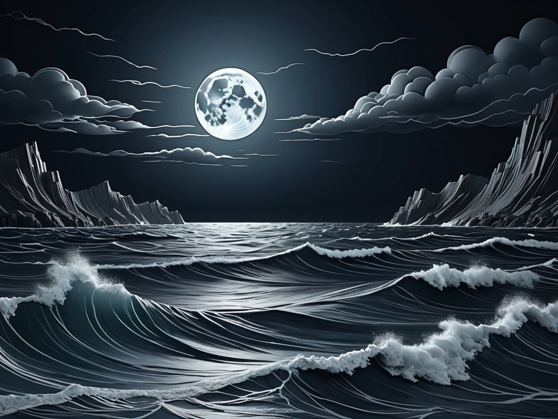 Luminous Full Moon Over Dark Rolling Waves Seascape