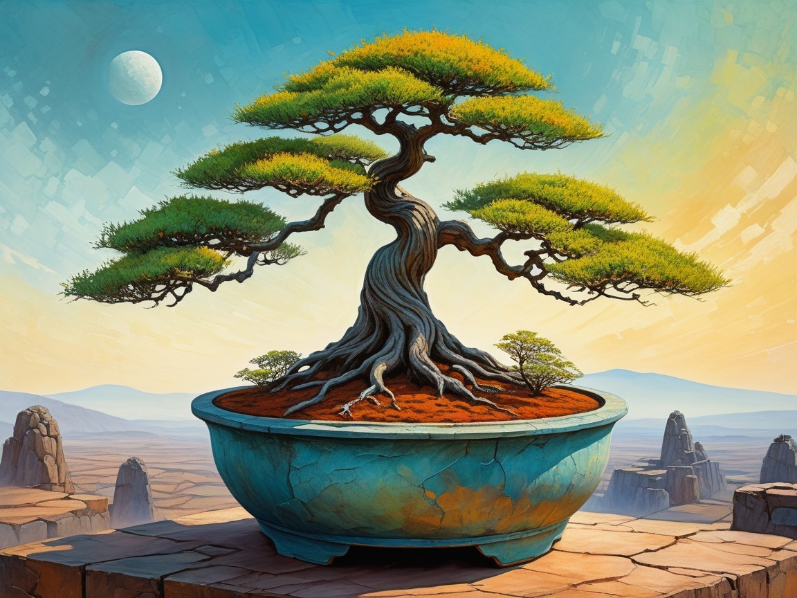 Bonsai Tree on Cliff with Turquoise Pot and Moonlit Sky
