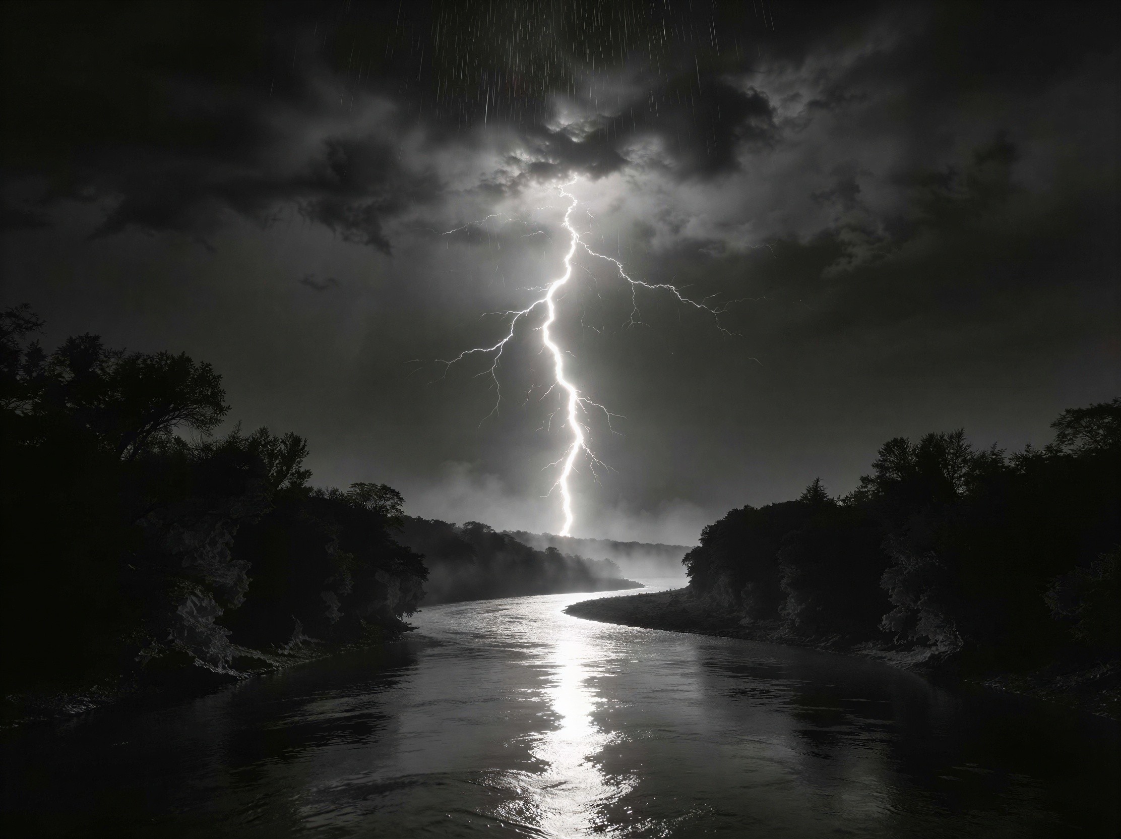 Black and white photo of river under stormy sky