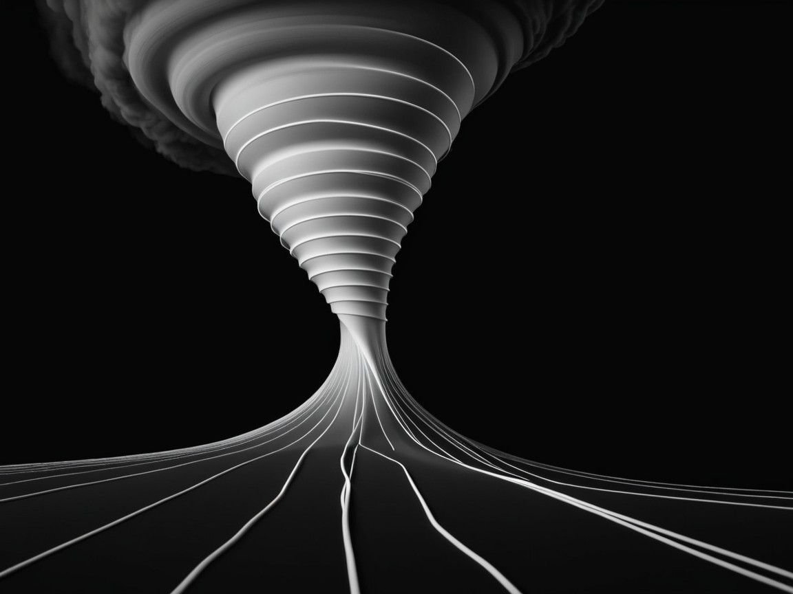 Black and White Tornado Illustration with Depth and Motion