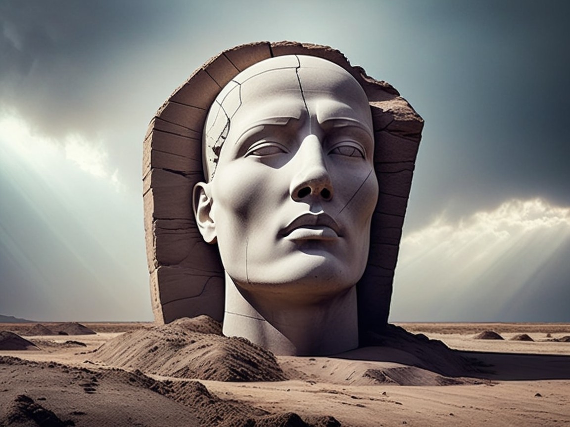 Colossal Stone Head in Barren Landscape with Clouds