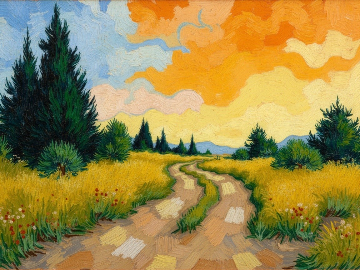 Vibrant Landscape with Winding Road and Wildflowers