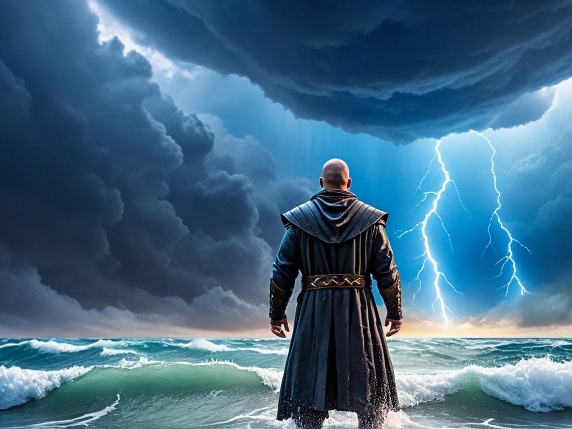 Lone Figure at Turbulent Seas Under Dramatic Sky