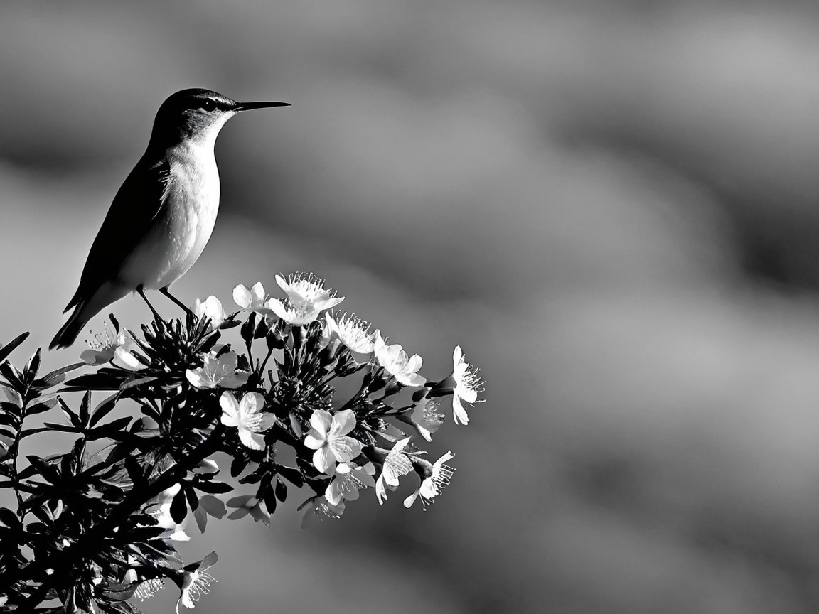 Black-and-white image of a bird on a flower branch