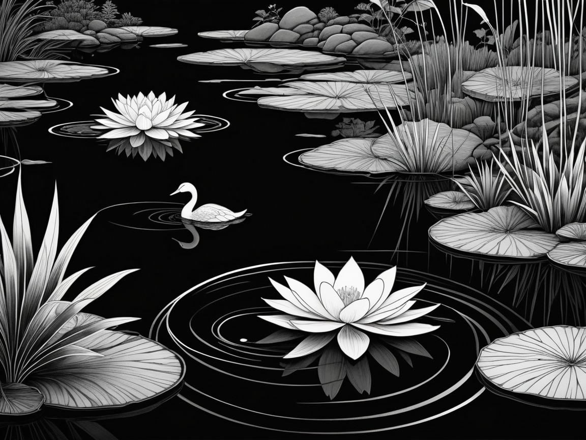 Tranquil Black and White Pond Scene with Lotus Flowers