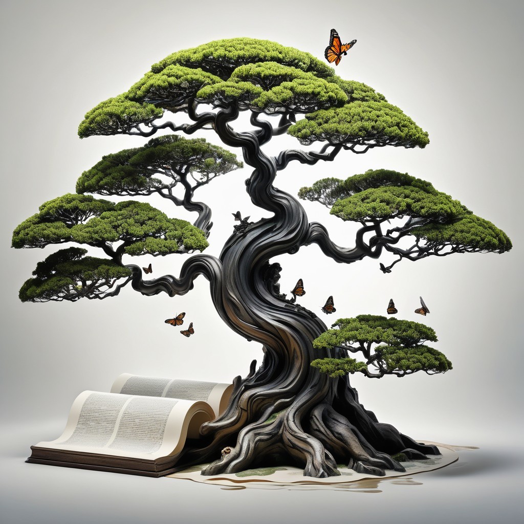 Bonsai Tree on Open Book with Butterflies Scene