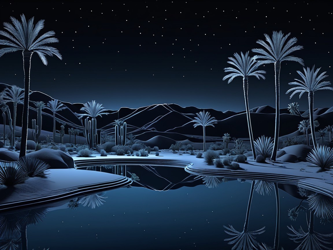 Tranquil Desert Night Scene with Starry Sky and Pool