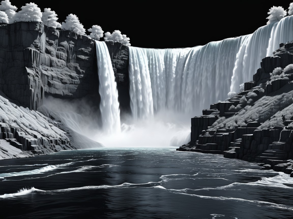 Dramatic Black and White Waterfall Scene Description