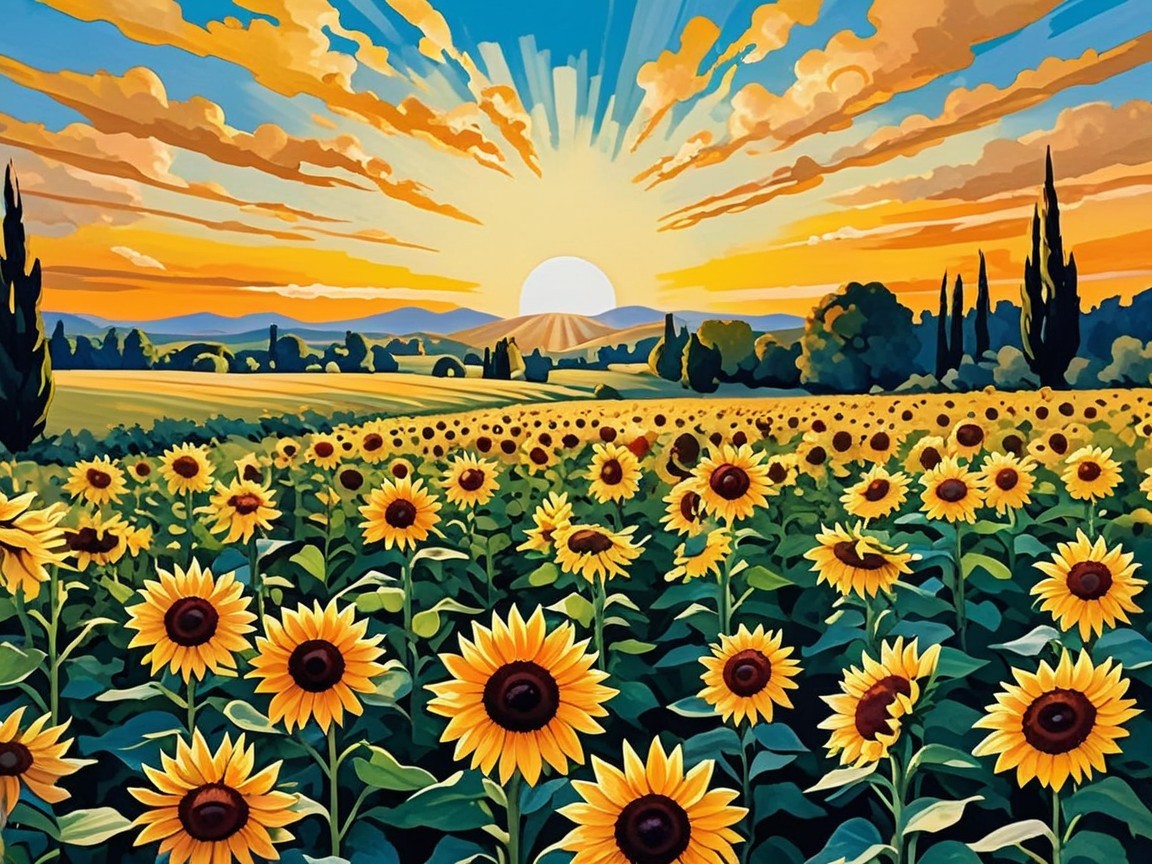 Vibrant Sunflower Field at Sunrise with Rolling Hills