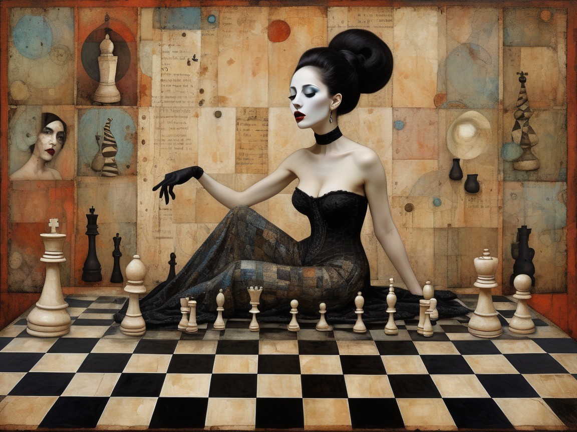 Stylish Woman on Chessboard with Dramatic Makeup
