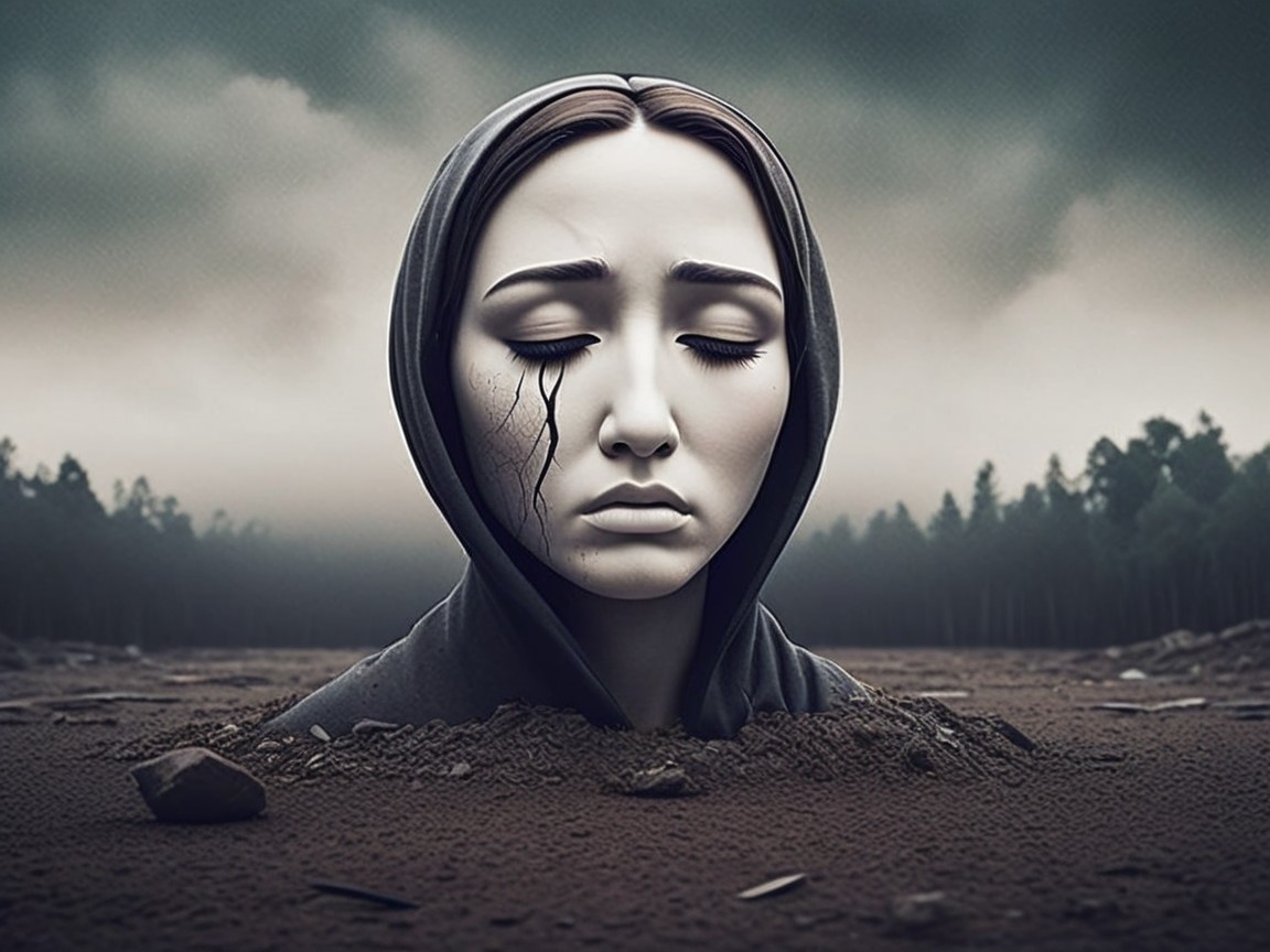 Serene Figure with Tear in Barren Landscape