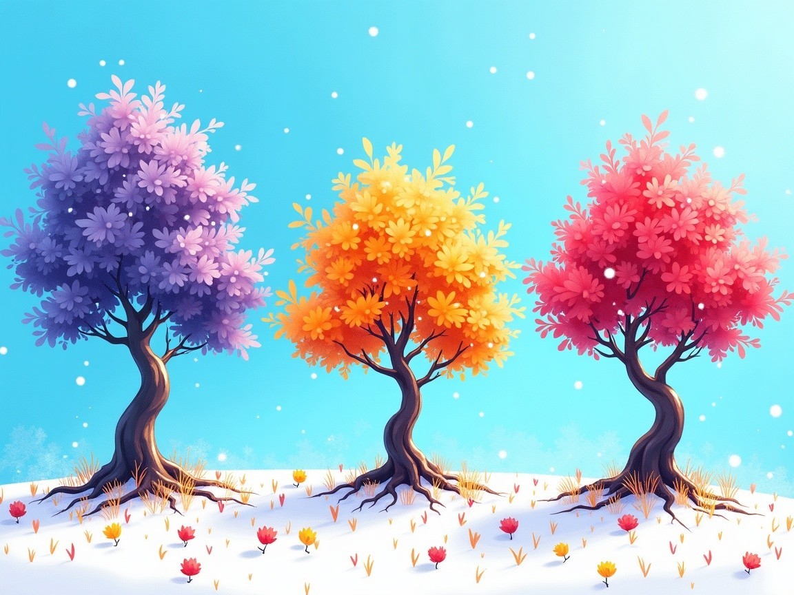 Vibrant Winter Landscape with Colorful Trees and Snow