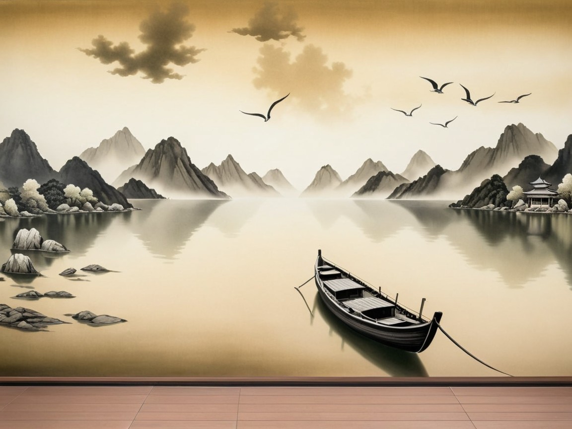Misty Mountains and Calm Water Landscape Painting