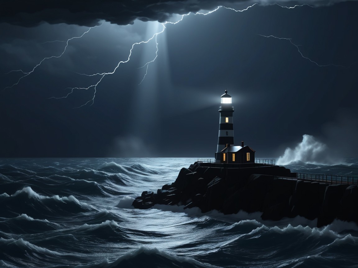 Lighthouse Amidst Stormy Night and Crashing Waves